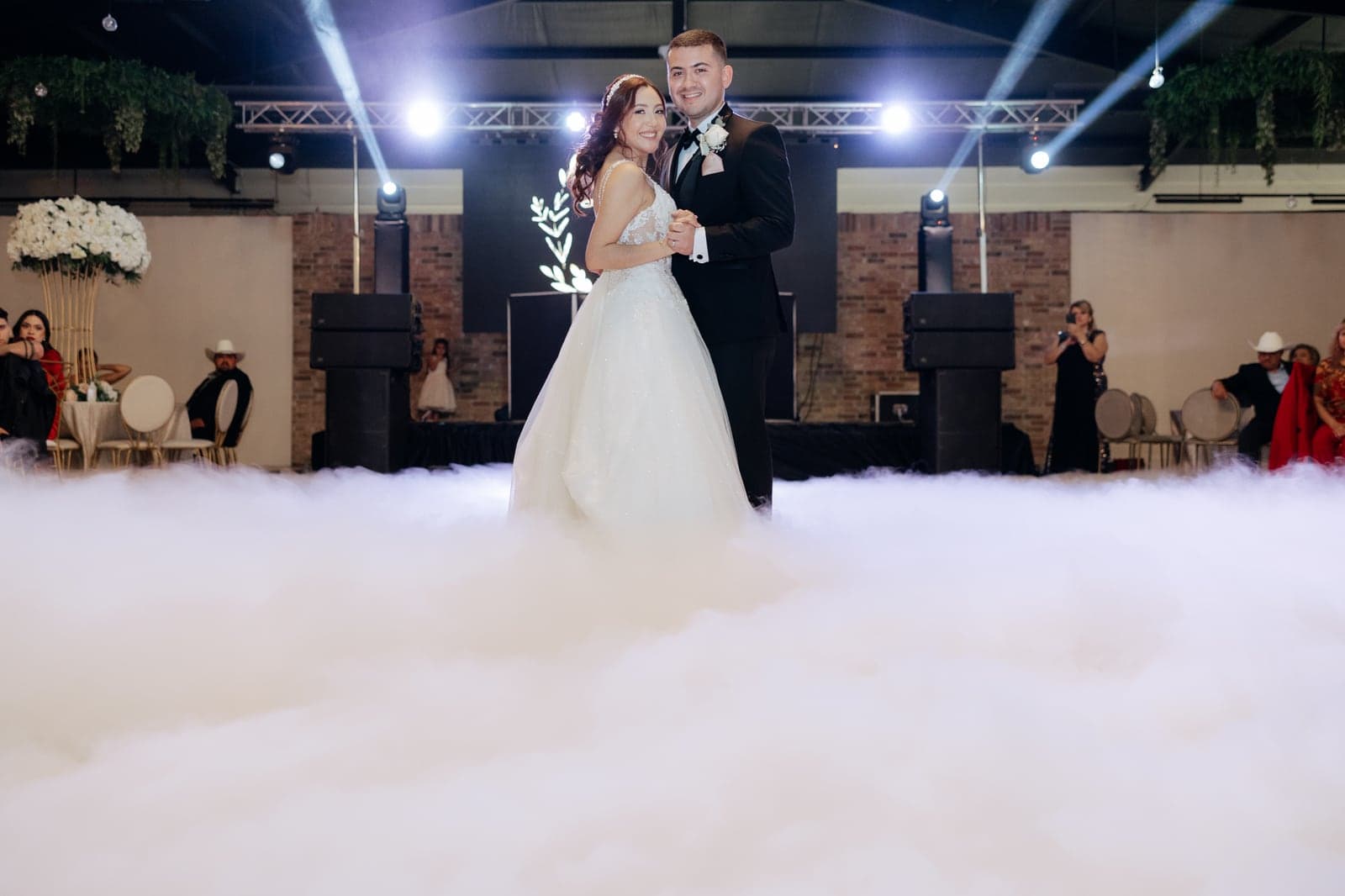 Bride and groom's first dance under cold-spark fountains by AB Event Productions