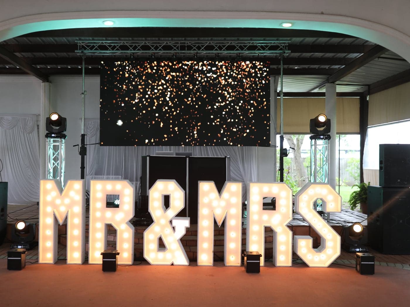 Custom MR & MRS marquee letters and sparkle backdrop by AB Event Productions