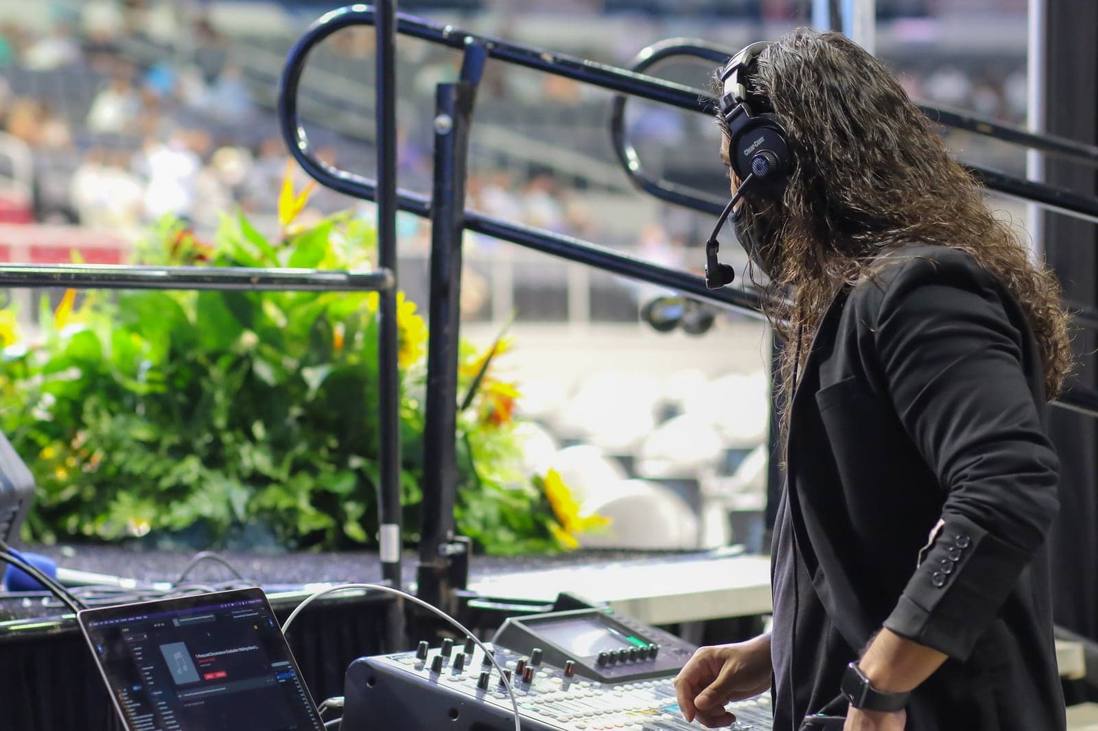 AB Event Productions running live audio from the mixing console at a large arena event
